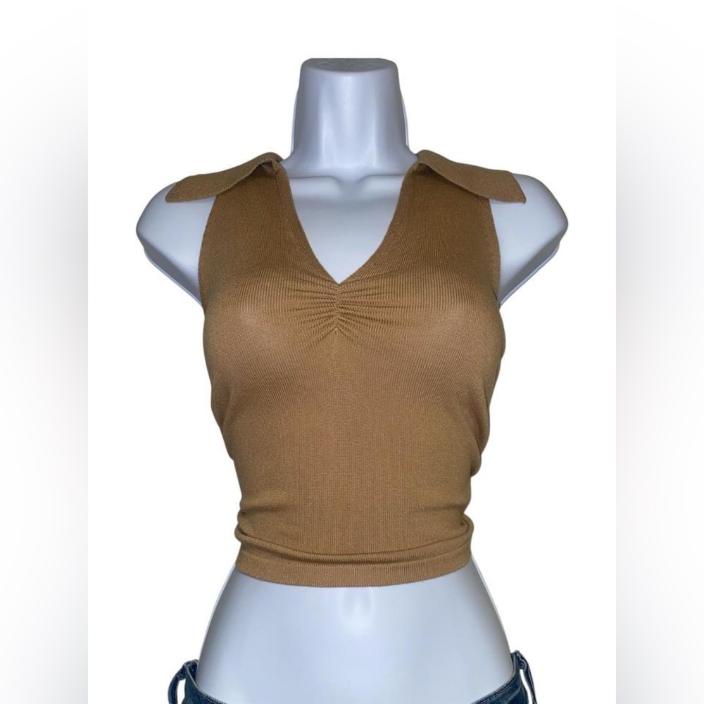 Tan crop top with collar and ruched front